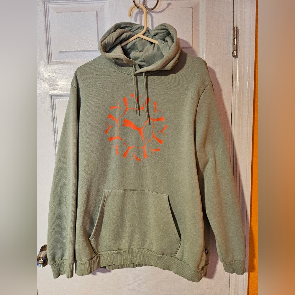 Puma Green Hoodie with Orange Logo Mens XL Euc